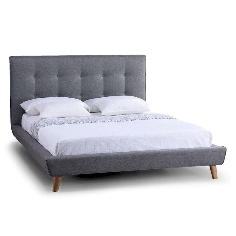 Lit plateforme capitonné pleine taille en lin gris moderne avec tête de lit capitonnée à boutons
