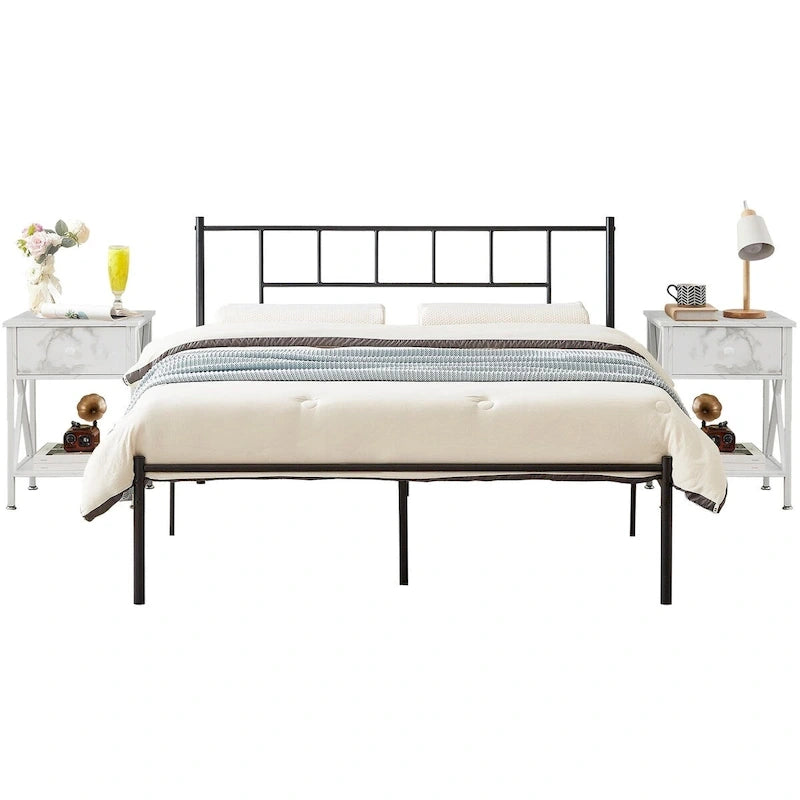 VECELO Lit plateforme 3 pièces avec tête de lit en bois et 2 tables de chevet modernes