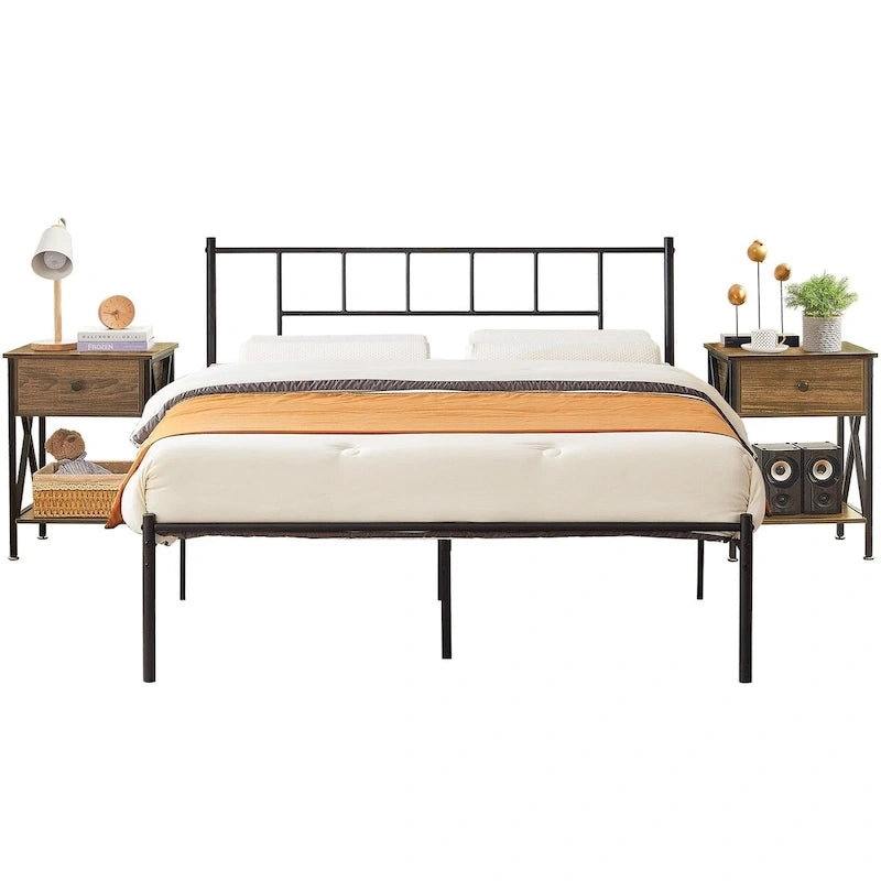 VECELO Lit plateforme 3 pièces avec tête de lit en bois et 2 tables de chevet modernes