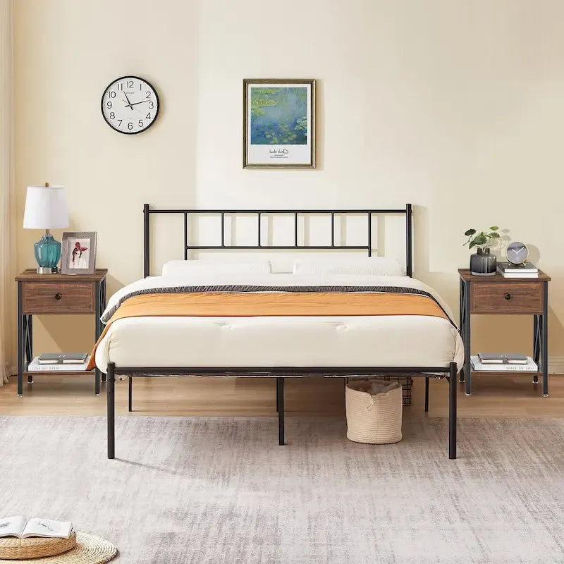 VECELO Lit plateforme 3 pièces avec tête de lit en bois et 2 tables de chevet modernes