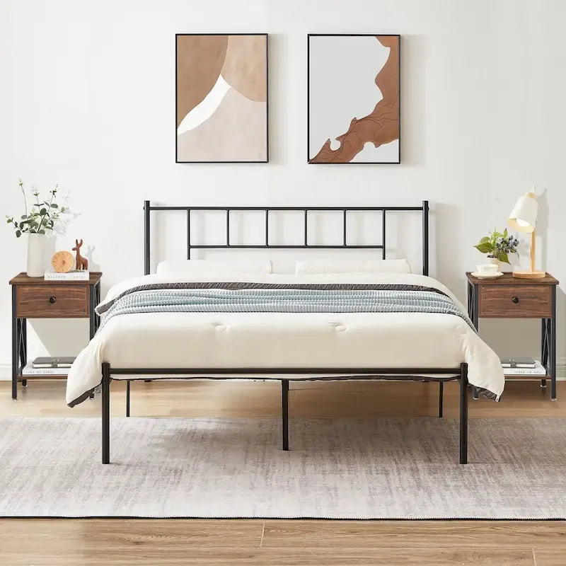 VECELO Lit plateforme 3 pièces avec tête de lit en bois et 2 tables de chevet modernes