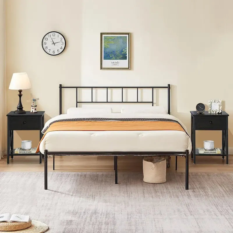 VECELO Lit plateforme 3 pièces avec tête de lit en bois et 2 tables de chevet modernes