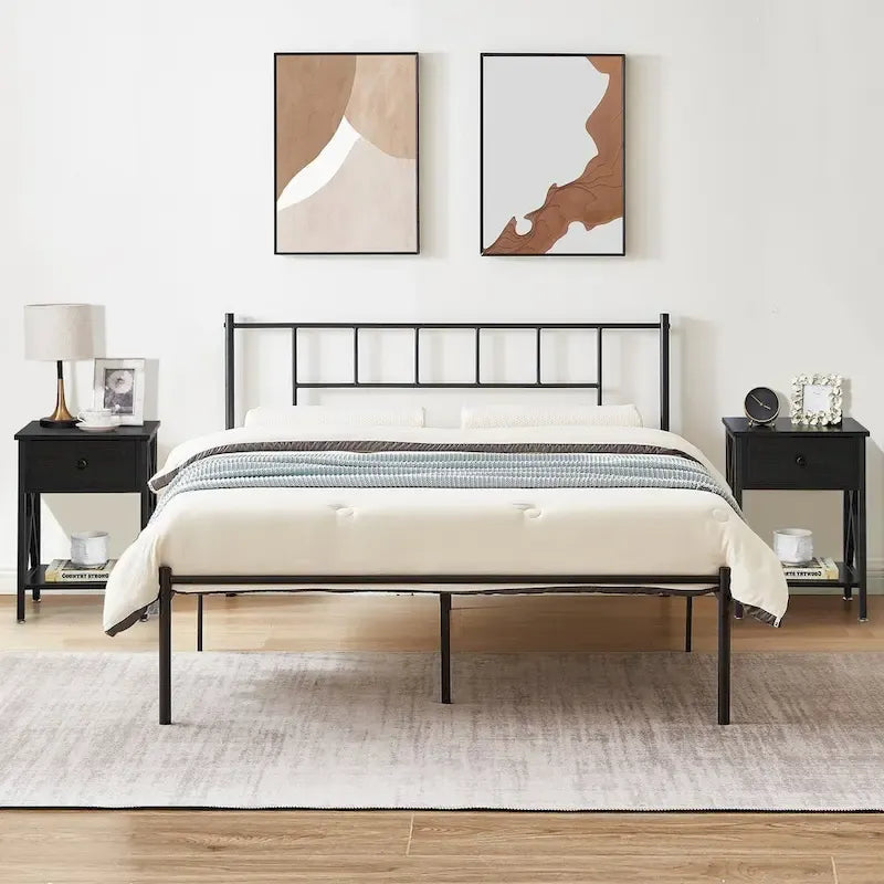 VECELO Lit plateforme 3 pièces avec tête de lit en bois et 2 tables de chevet modernes