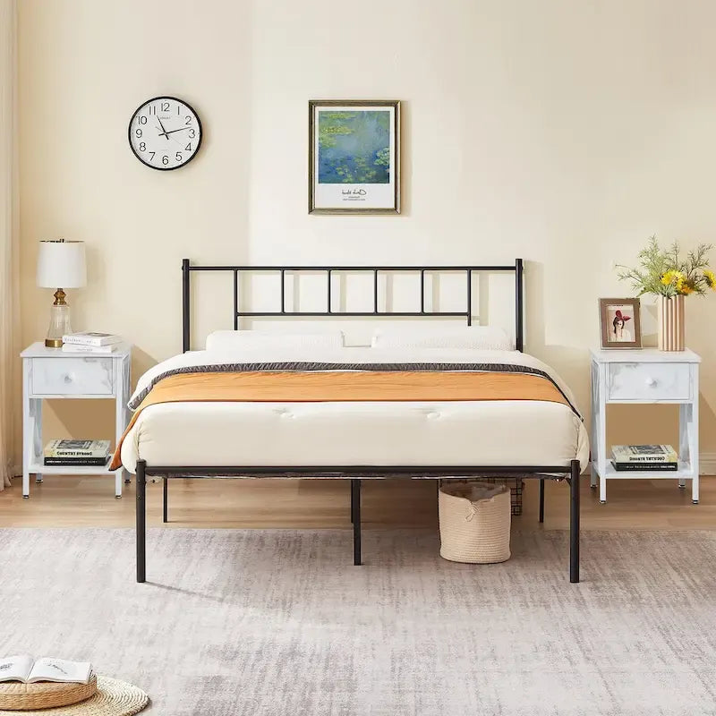 VECELO Lit plateforme 3 pièces avec tête de lit en bois et 2 tables de chevet modernes