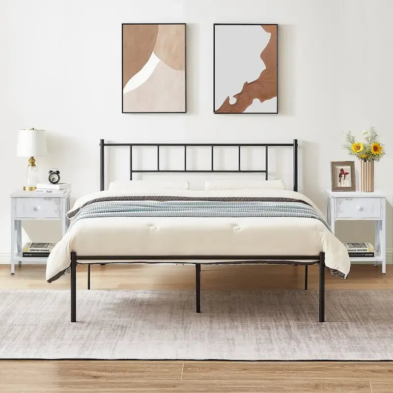 VECELO Lit plateforme 3 pièces avec tête de lit en bois et 2 tables de chevet modernes