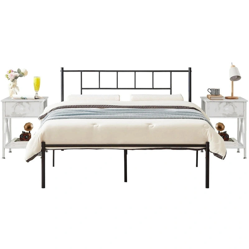 VECELO Lit plateforme 3 pièces avec tête de lit en bois et 2 tables de chevet modernes