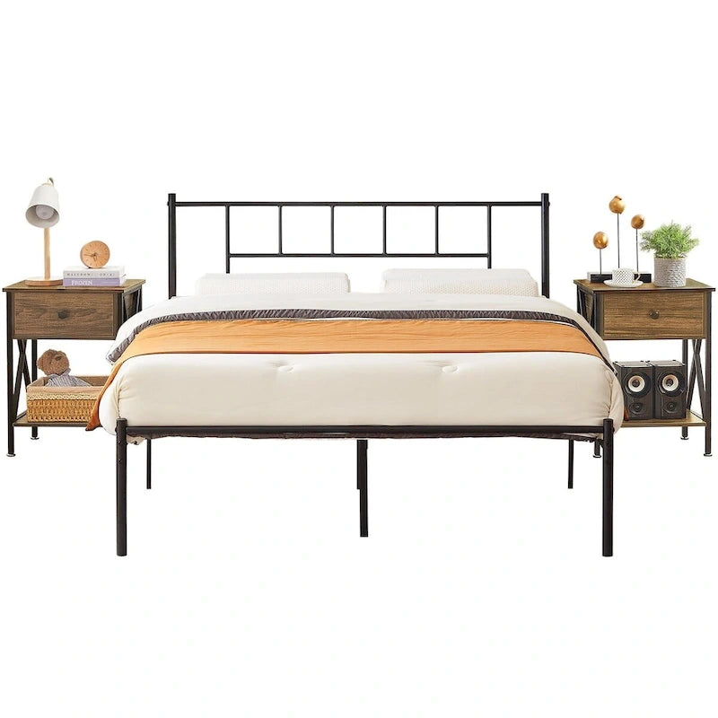 VECELO Lit plateforme 3 pièces avec tête de lit en bois et 2 tables de chevet modernes