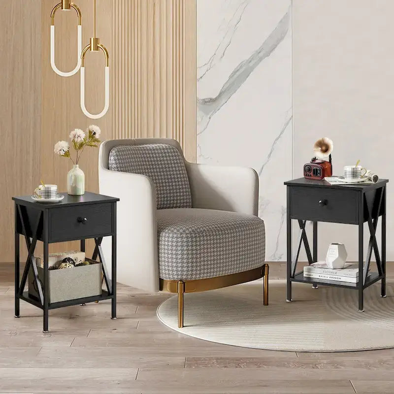 VECELO Lit plateforme 3 pièces avec tête de lit en bois et 2 tables de chevet modernes