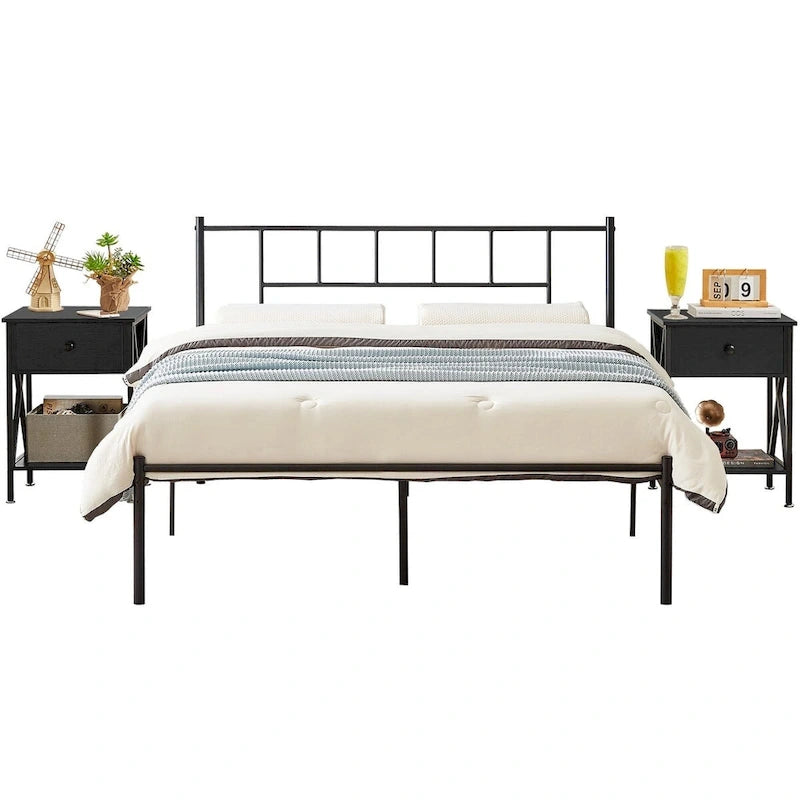 VECELO Lit plateforme 3 pièces avec tête de lit en bois et 2 tables de chevet modernes
