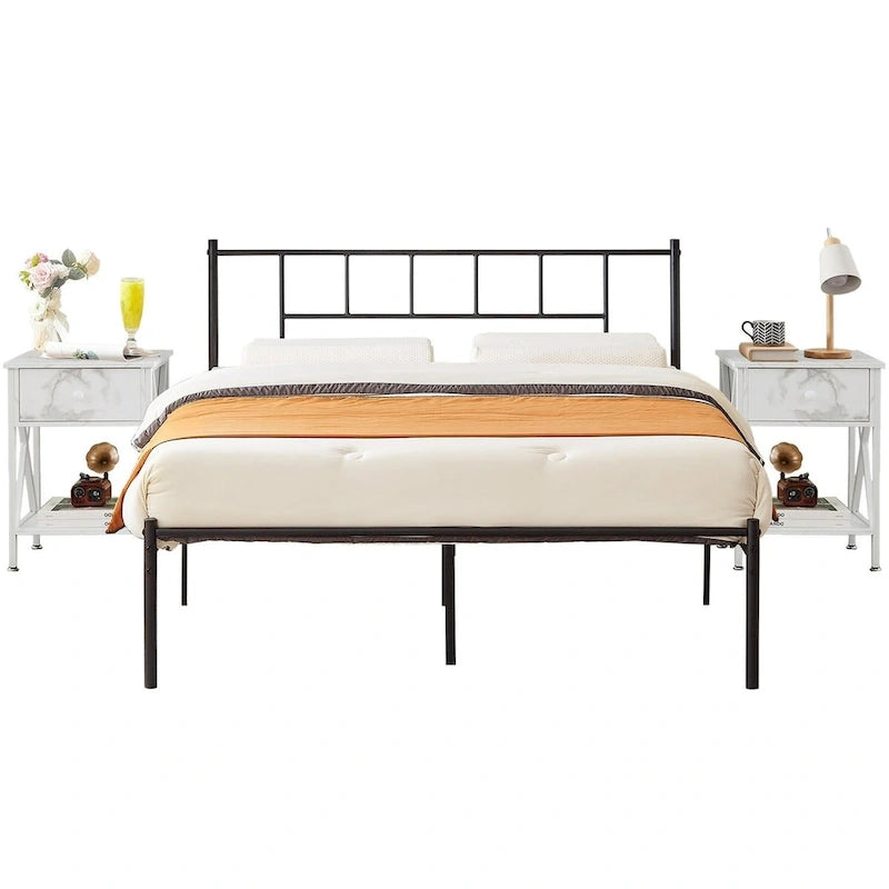 VECELO Lit plateforme 3 pièces avec tête de lit en bois et 2 tables de chevet modernes