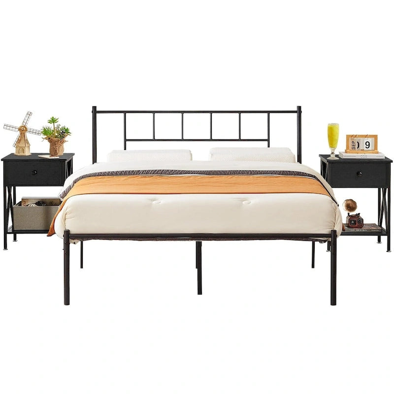 VECELO Lit plateforme 3 pièces avec tête de lit en bois et 2 tables de chevet modernes