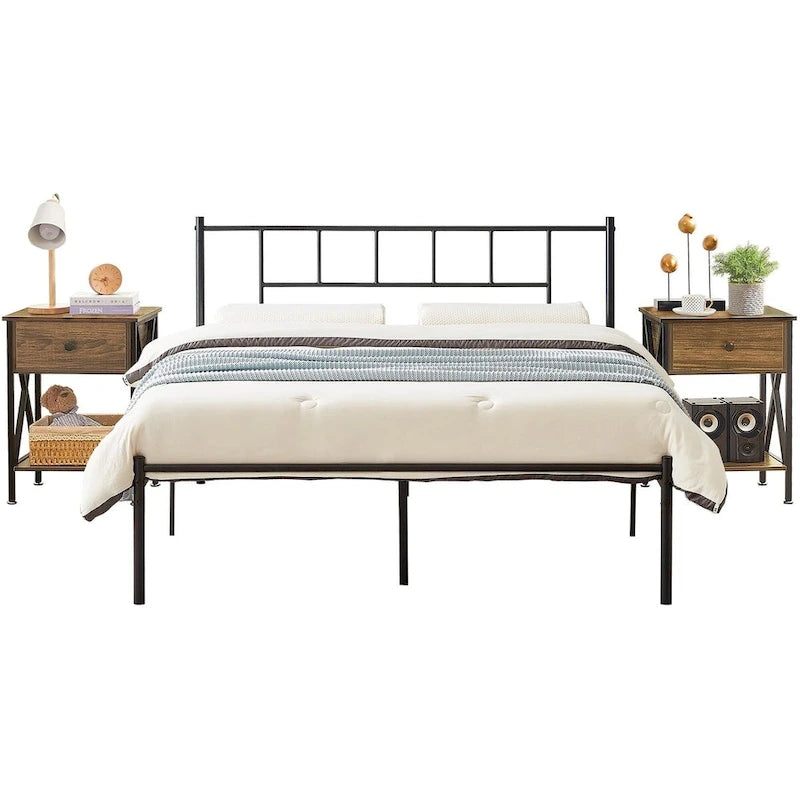 VECELO Lit plateforme 3 pièces avec tête de lit en bois et 2 tables de chevet modernes