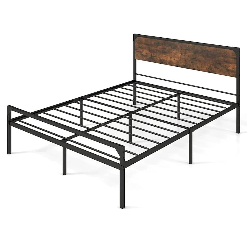 Lit plateforme Costway grand lit/grand lit deux places avec tête et pied de lit rustiques