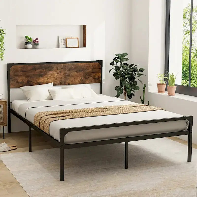 Lit plateforme Costway grand lit/grand lit deux places avec tête et pied de lit rustiques