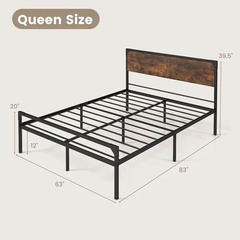 Lit plateforme Costway grand lit/grand lit deux places avec tête et pied de lit rustiques