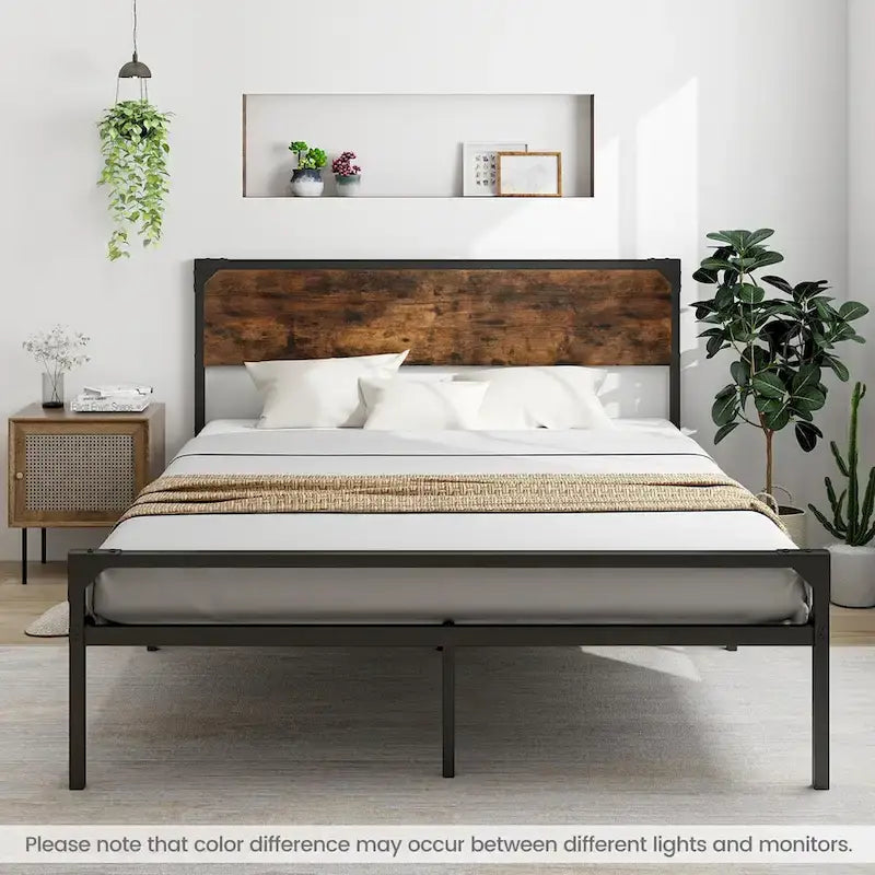 Lit plateforme Costway grand lit/grand lit deux places avec tête et pied de lit rustiques
