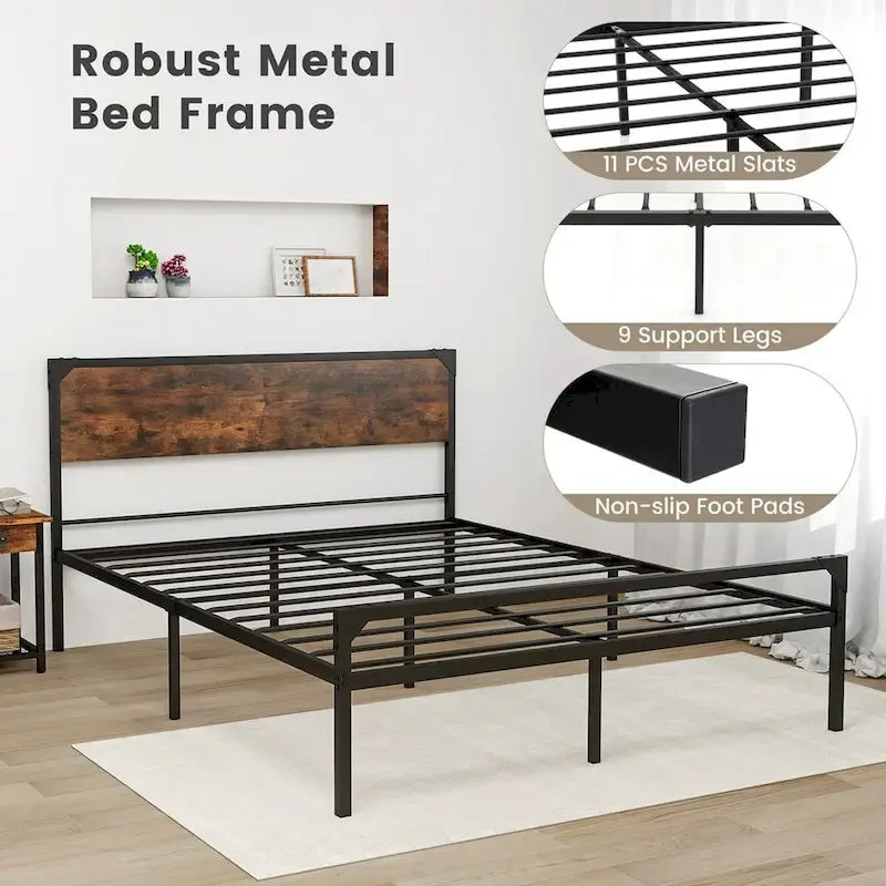 Lit plateforme Costway grand lit/grand lit deux places avec tête et pied de lit rustiques