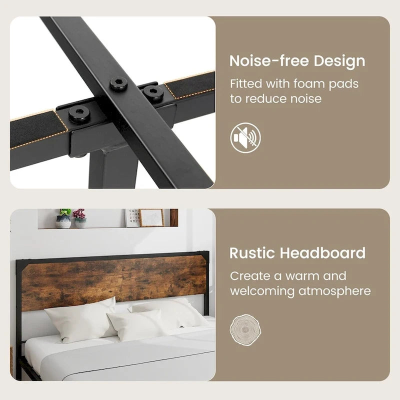 Lit plateforme Costway grand lit/grand lit deux places avec tête et pied de lit rustiques