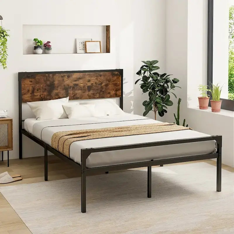 Lit plateforme Costway grand lit/grand lit deux places avec tête et pied de lit rustiques