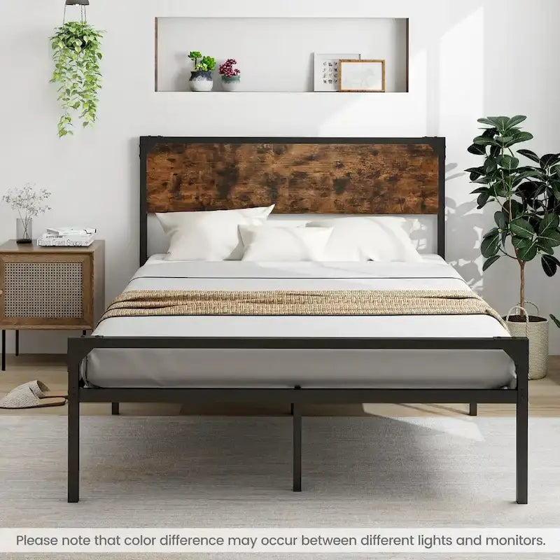 Lit plateforme Costway grand lit/grand lit deux places avec tête et pied de lit rustiques