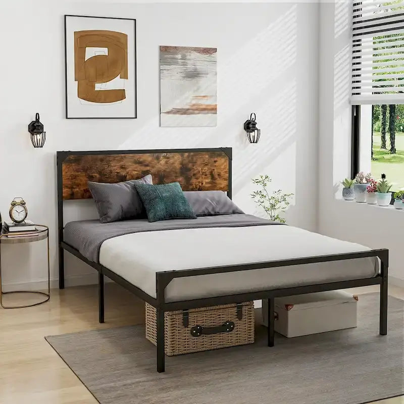 Lit plateforme Costway grand lit/grand lit deux places avec tête et pied de lit rustiques