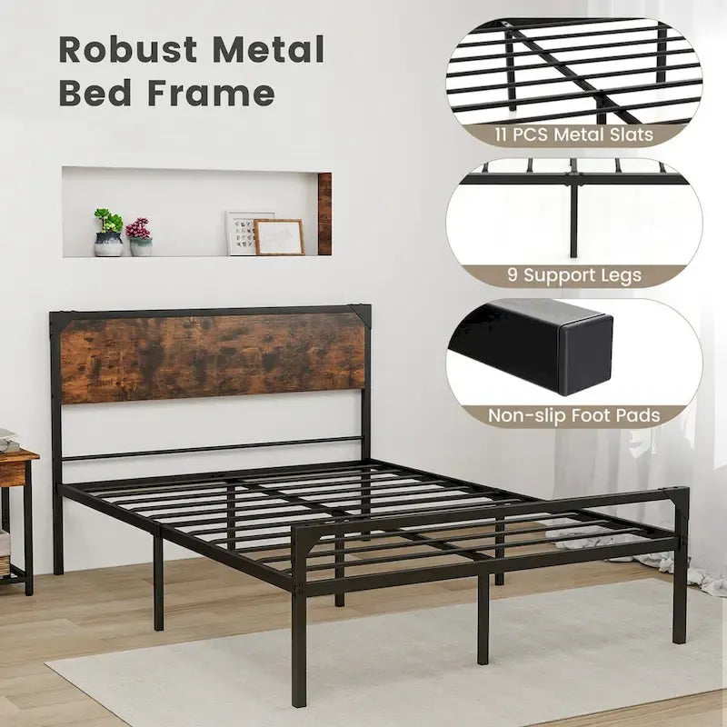 Lit plateforme Costway grand lit/grand lit deux places avec tête et pied de lit rustiques
