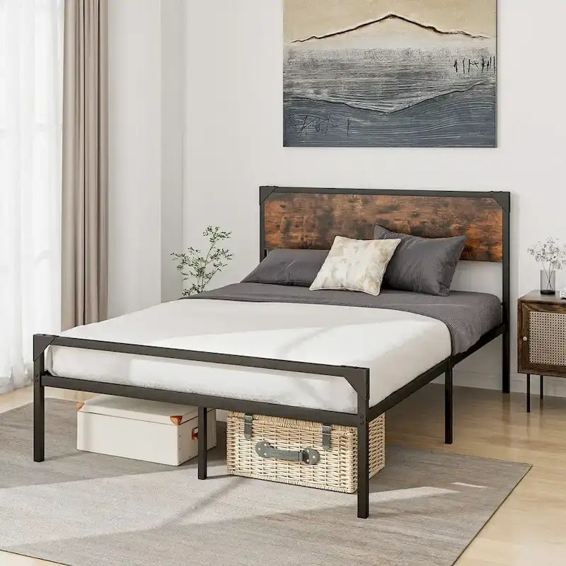 Lit plateforme Costway grand lit/grand lit deux places avec tête et pied de lit rustiques