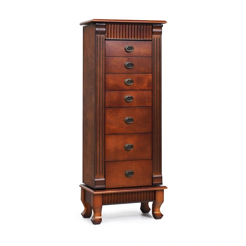 Meuble de rangement à bijoux en bois marron à 7 tiroirs avec 1 miroir rabattable sur le dessus et 4 compartiments – 15(L) x 9(l) x 38,5(H)
