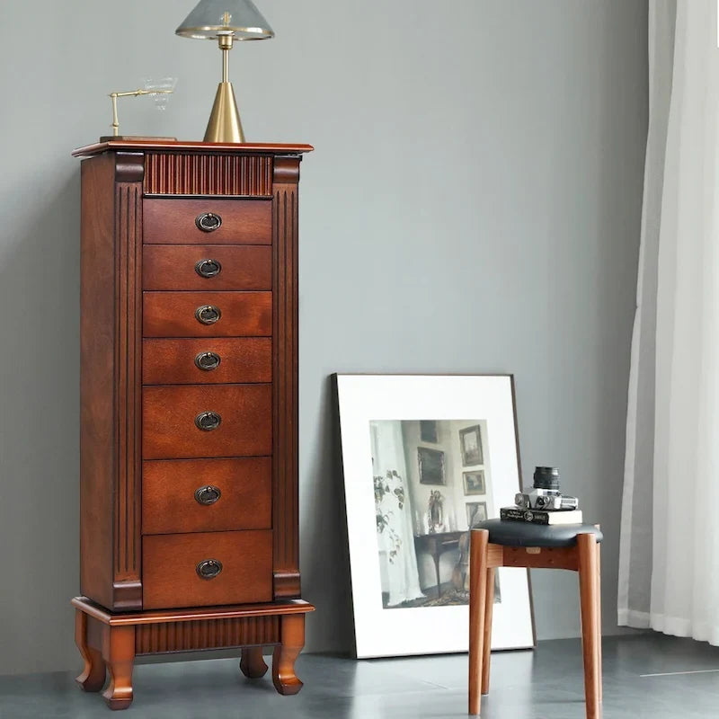Meuble de rangement à bijoux en bois marron à 7 tiroirs avec 1 miroir rabattable sur le dessus et 4 compartiments – 15(L) x 9(l) x 38,5(H)