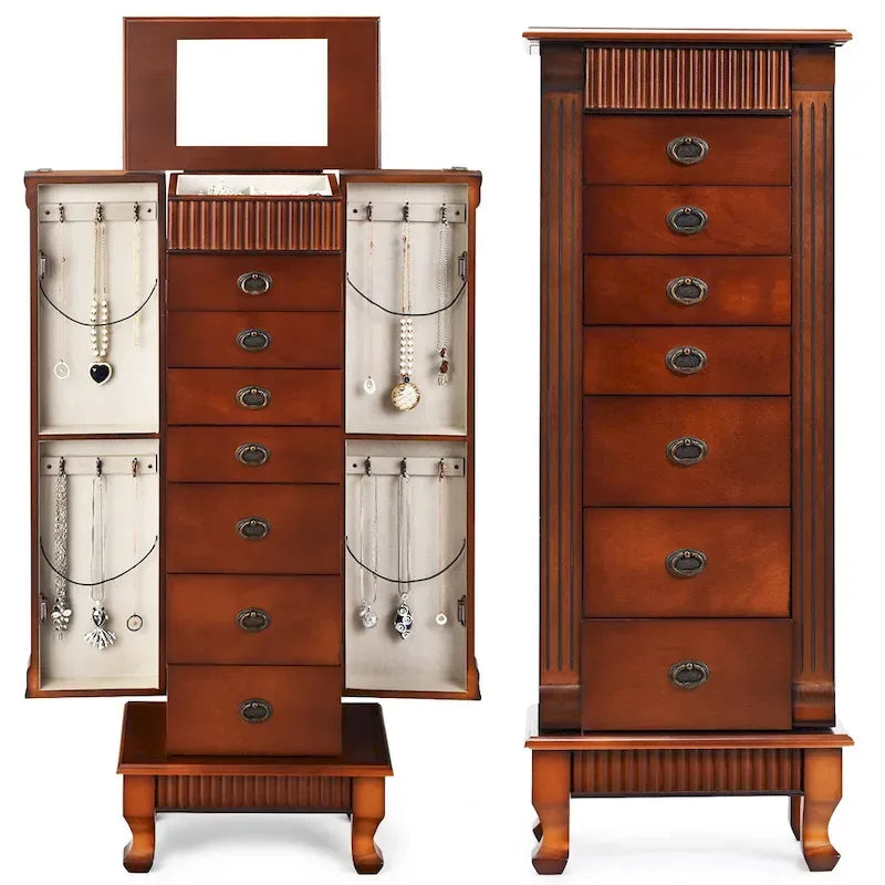Meuble de rangement à bijoux en bois marron à 7 tiroirs avec 1 miroir rabattable sur le dessus et 4 compartiments – 15(L) x 9(l) x 38,5(H)