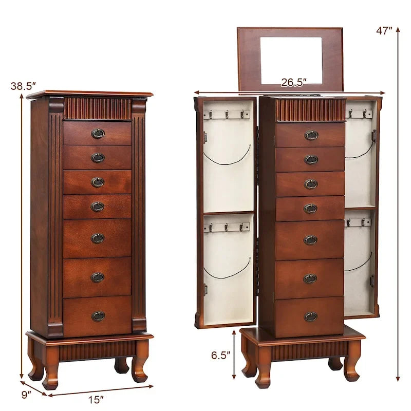 Meuble de rangement à bijoux en bois marron à 7 tiroirs avec 1 miroir rabattable sur le dessus et 4 compartiments – 15(L) x 9(l) x 38,5(H)