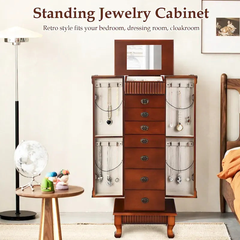 Meuble de rangement à bijoux en bois marron à 7 tiroirs avec 1 miroir rabattable sur le dessus et 4 compartiments – 15(L) x 9(l) x 38,5(H)