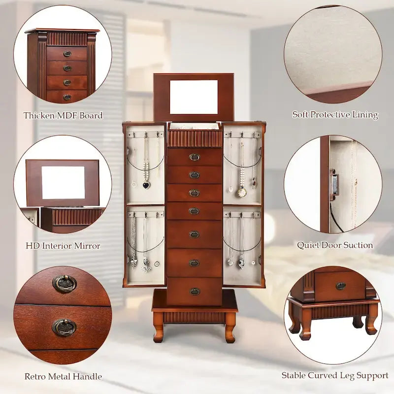 Meuble de rangement à bijoux en bois marron à 7 tiroirs avec 1 miroir rabattable sur le dessus et 4 compartiments – 15(L) x 9(l) x 38,5(H)