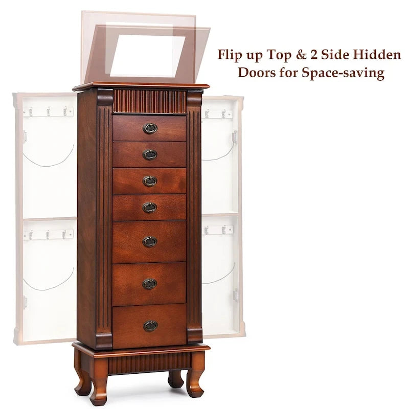 Meuble de rangement à bijoux en bois marron à 7 tiroirs avec 1 miroir rabattable sur le dessus et 4 compartiments – 15(L) x 9(l) x 38,5(H)