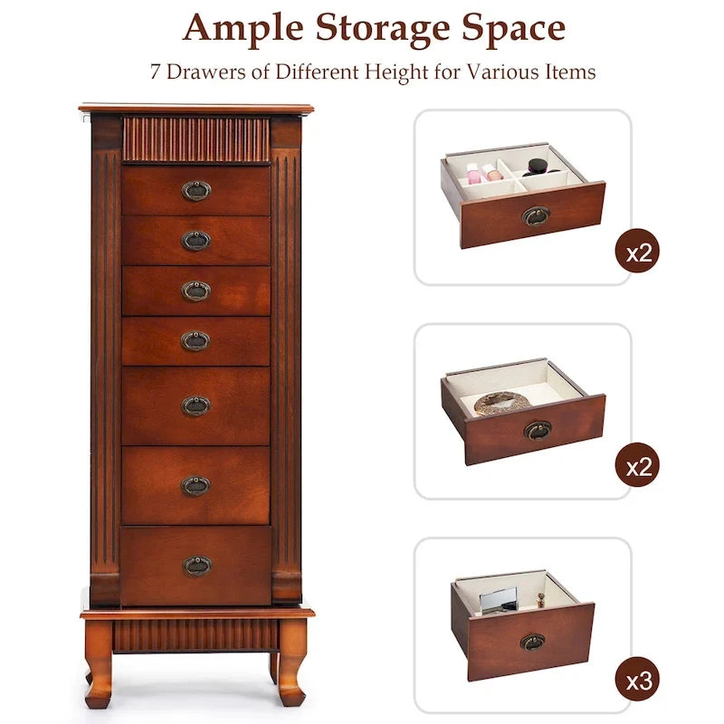 Meuble de rangement à bijoux en bois marron à 7 tiroirs avec 1 miroir rabattable sur le dessus et 4 compartiments – 15(L) x 9(l) x 38,5(H)
