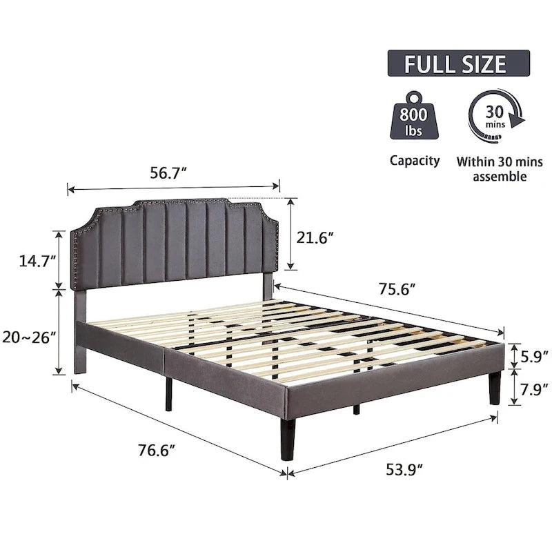 Cadre de lit plateforme rembourré Javlergo avec tête de lit réglable à hauteur garnie de clous, aucun sommier tapissier requis
