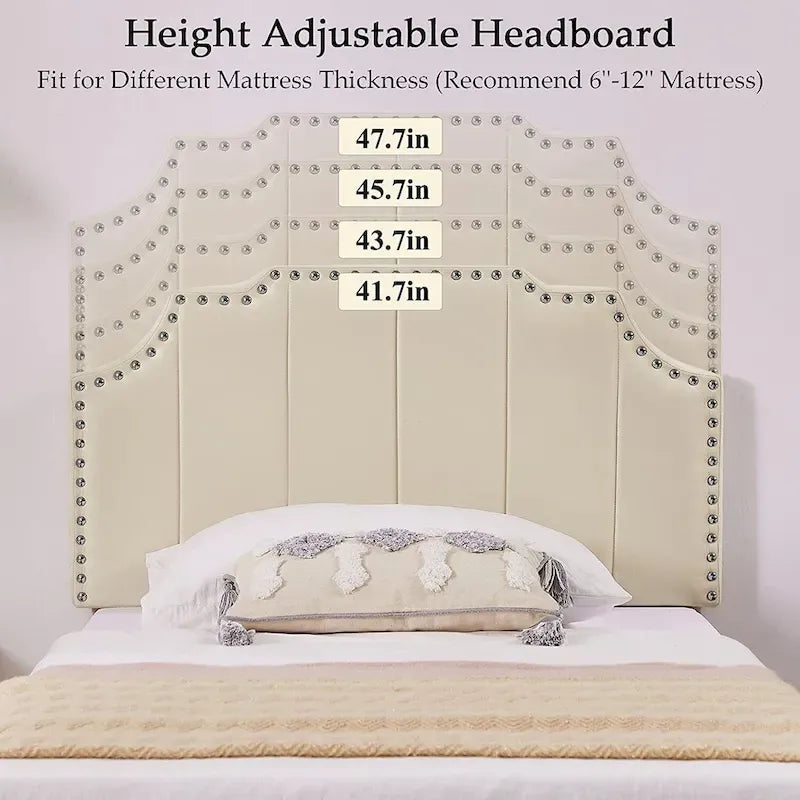 Cadre de lit plateforme rembourré Javlergo avec tête de lit réglable à hauteur garnie de clous, aucun sommier tapissier requis