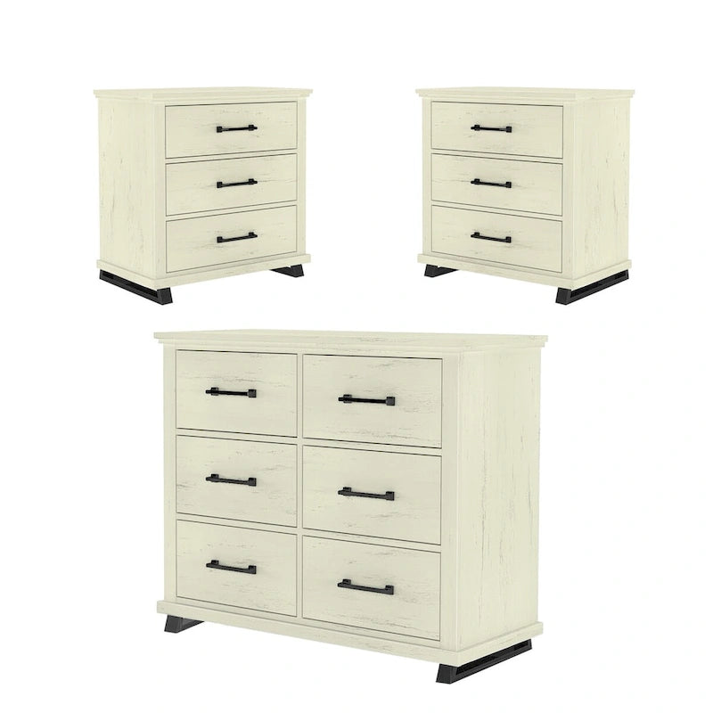 Ensemble de chambre à coucher 3 pièces de style campagnard - 2 tables de chevet et 1 commode