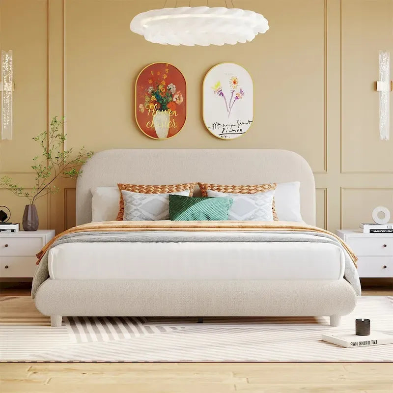 Lit plateforme rembourré queen size en molleton Teddy avec tissu épais