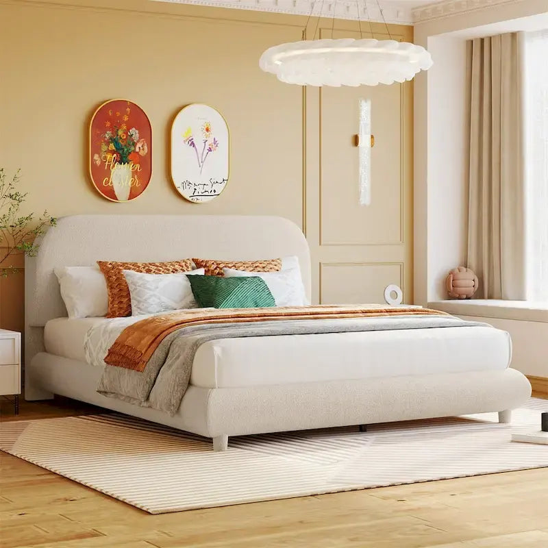 Lit plateforme rembourré queen size en molleton Teddy avec tissu épais