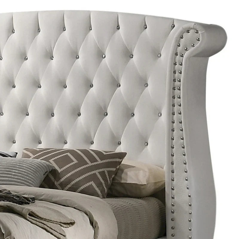 Lit King size Californie Dini, capitonnage avec boutons en cristal, revêtement en velours blanc