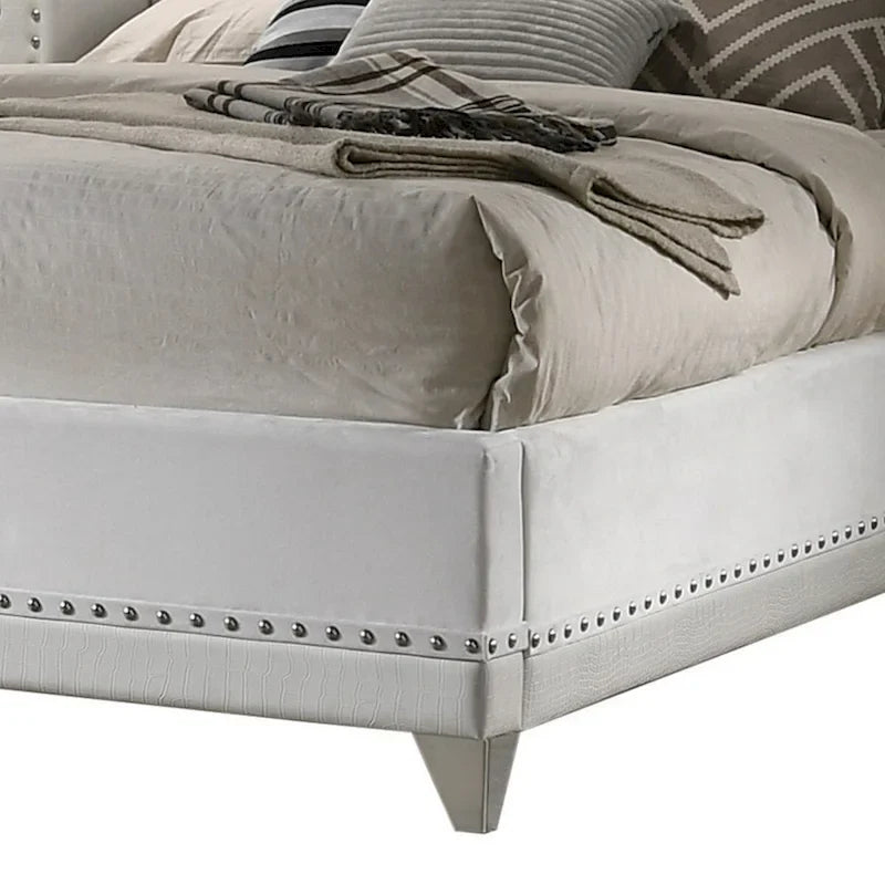 Lit King size Californie Dini, capitonnage avec boutons en cristal, revêtement en velours blanc