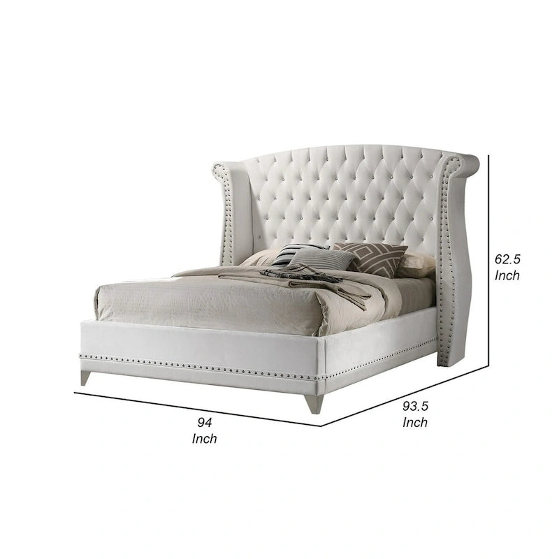 Lit King size Californie Dini, capitonnage avec boutons en cristal, revêtement en velours blanc