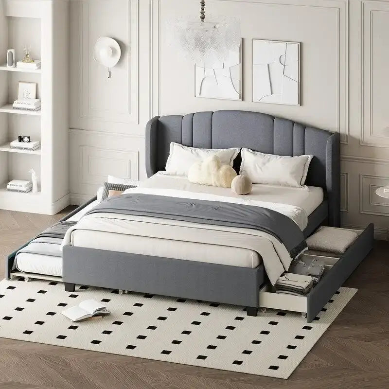 Lit plateforme capitonné en lin Queen Size avec lit gigogne double et 2 tiroirs