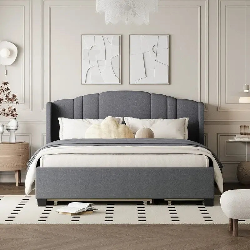 Lit plateforme capitonné en lin Queen Size avec lit gigogne double et 2 tiroirs