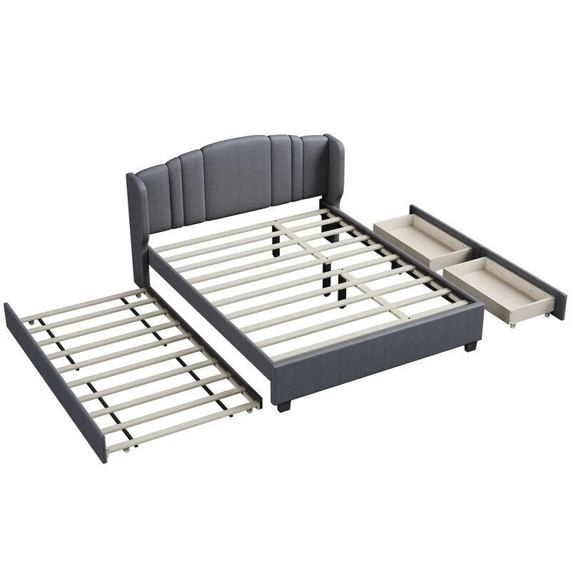 Lit plateforme capitonné en lin Queen Size avec lit gigogne double et 2 tiroirs