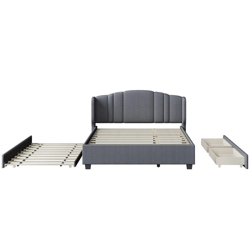 Lit plateforme capitonné en lin Queen Size avec lit gigogne double et 2 tiroirs