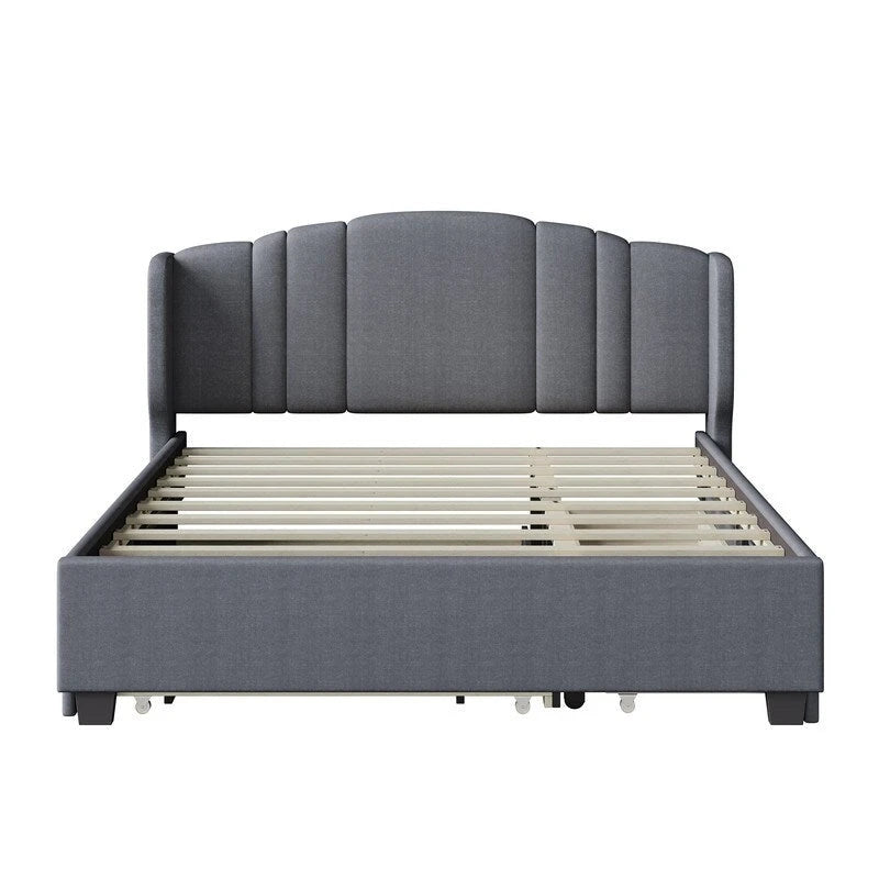 Lit plateforme capitonné en lin Queen Size avec lit gigogne double et 2 tiroirs