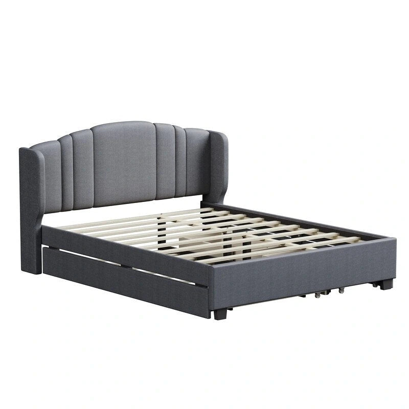 Lit plateforme capitonné en lin Queen Size avec lit gigogne double et 2 tiroirs