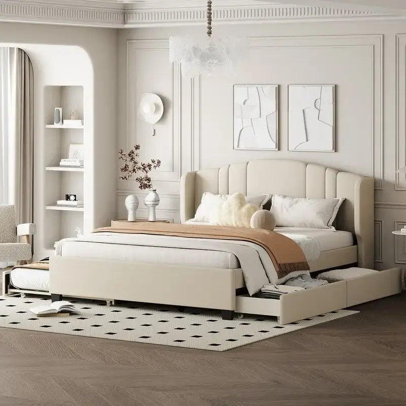 Lit plateforme capitonné en lin Queen Size avec lit gigogne double et 2 tiroirs